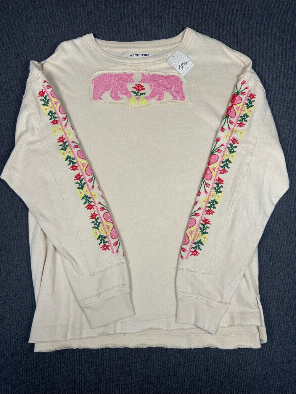 NEW Free People All My Heart Embroidered Tee T-Shirt Tunic Bears Flowers Size XS